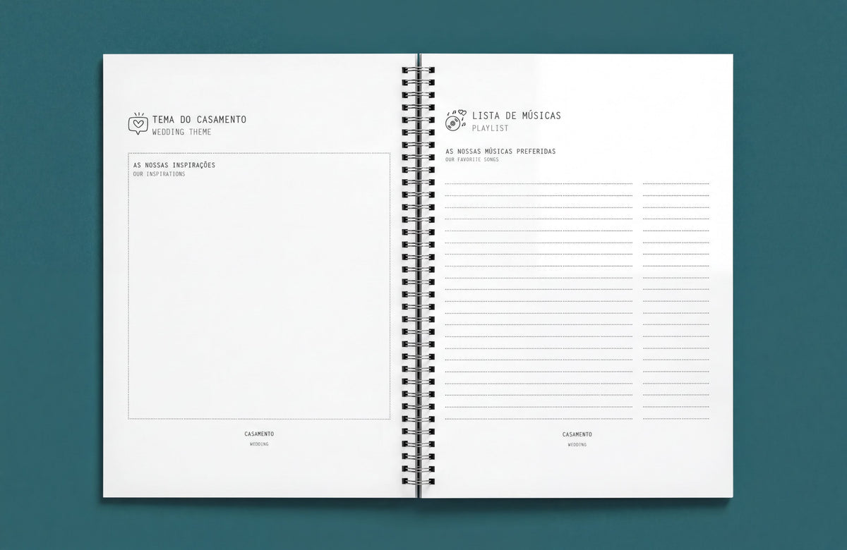 The image is a spiral-bound notebook with a blank page on the left and a page with a list of musical preferences on the right.