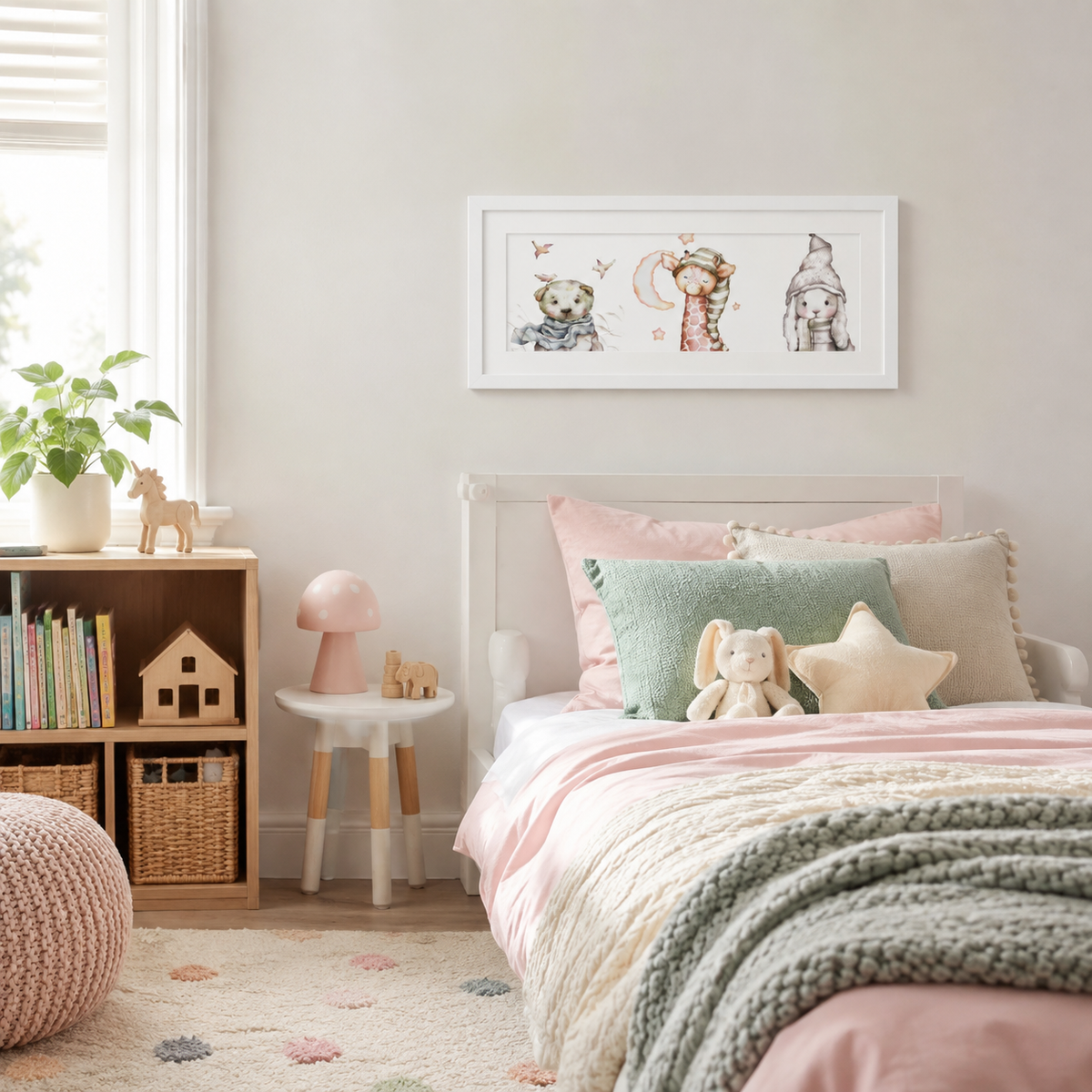 A cozy and charming bedroom with a pink and white color scheme, featuring a bed with a stuffed animal, a nightstand with a lamp, and a bookshelf filled with books.