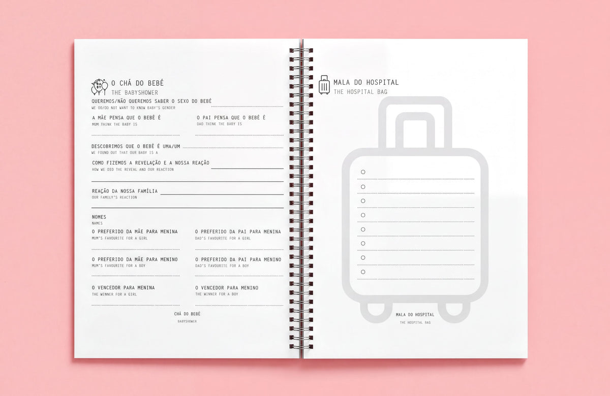 The image is a spiral-bound notebook with a pink background. The notebook appears to be a travel planning or organization tool, with a list of items to be considered and a diagram of a suitcase.