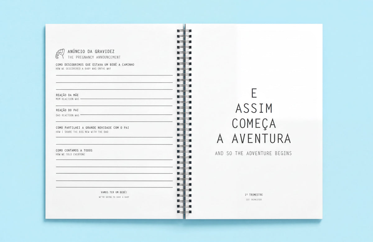 The image is a spiral-bound notebook with a blank page on the left side, and a title page on the right side. The title page has a title and a subtitle, while the blank page has a list of questions or prompts.