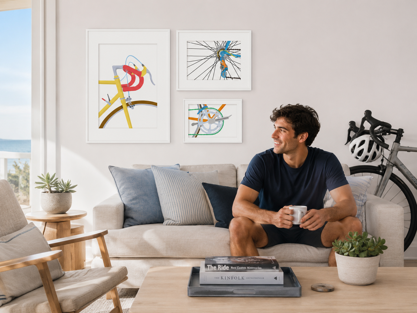 A man sits on a couch in a living room, smiling and holding a coffee mug. The room has a bicycle leaning against the wall, and there are two framed abstract artworks on the wall.
