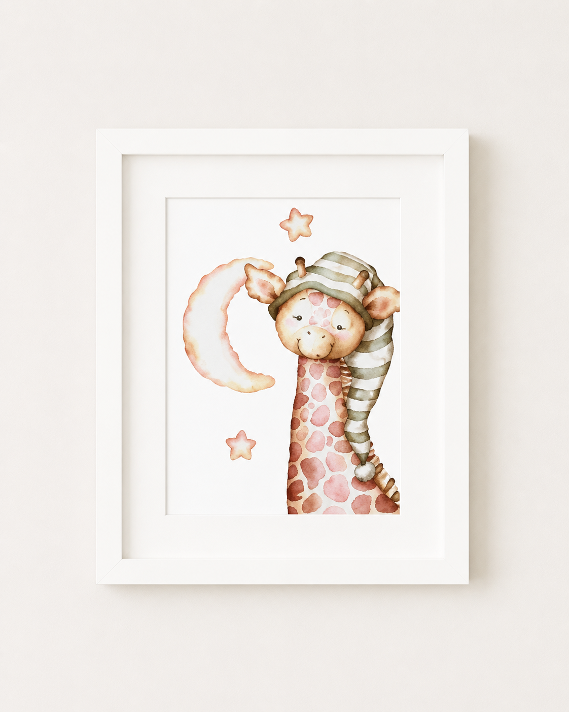 A framed watercolor illustration of a giraffe wearing a striped hat and gazing at the moon and stars.