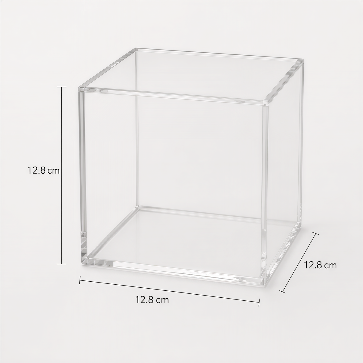 A clear plastic container with dimensions of 12.8 cm in length, 12.8 cm in width, and 12.8 cm in height.