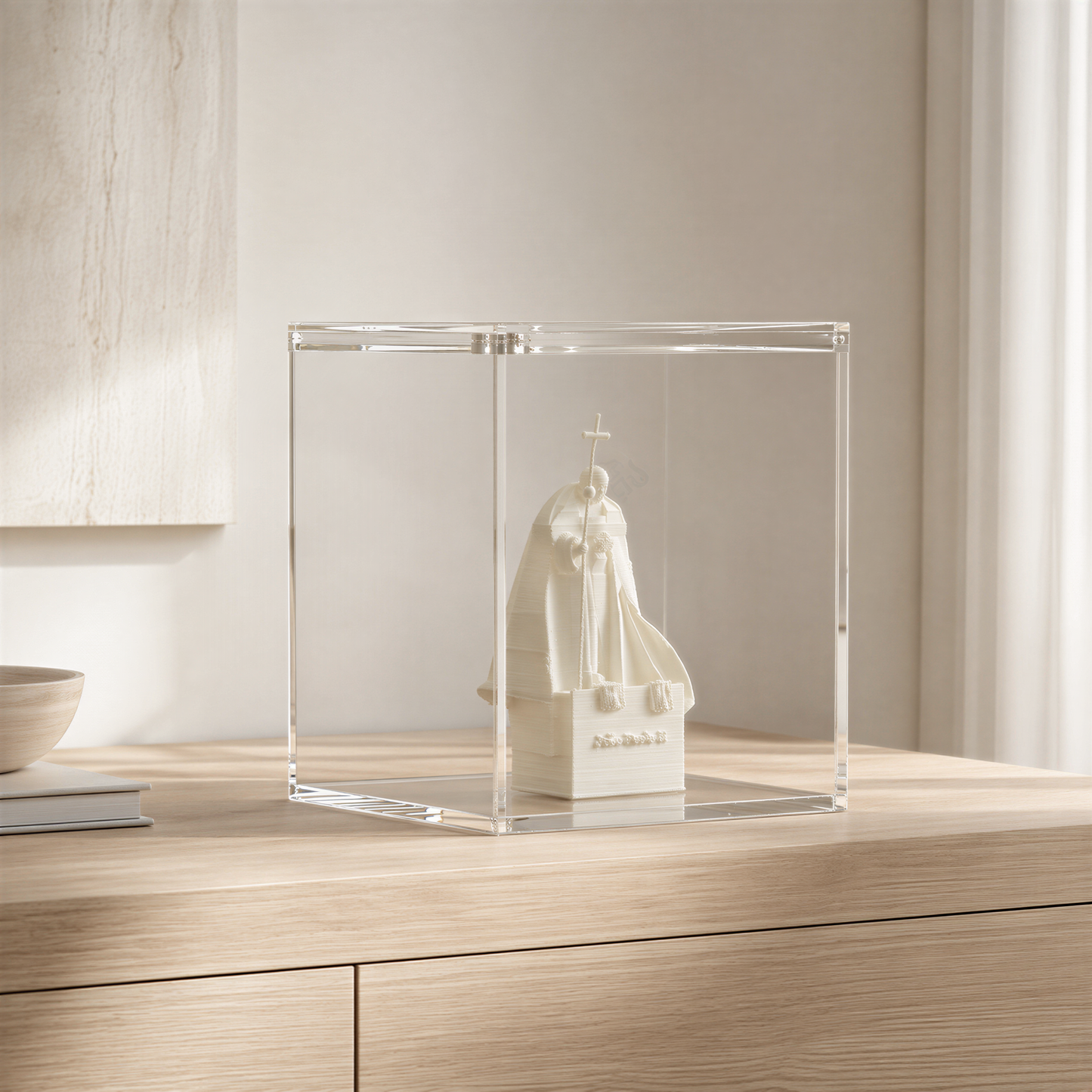 A small white statue of a person is displayed in a clear glass case on a wooden surface.