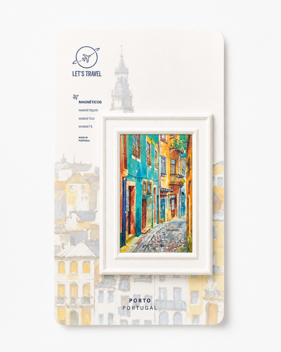 The image is a framed artwork depicting a colorful street scene in Porto, Portugal.