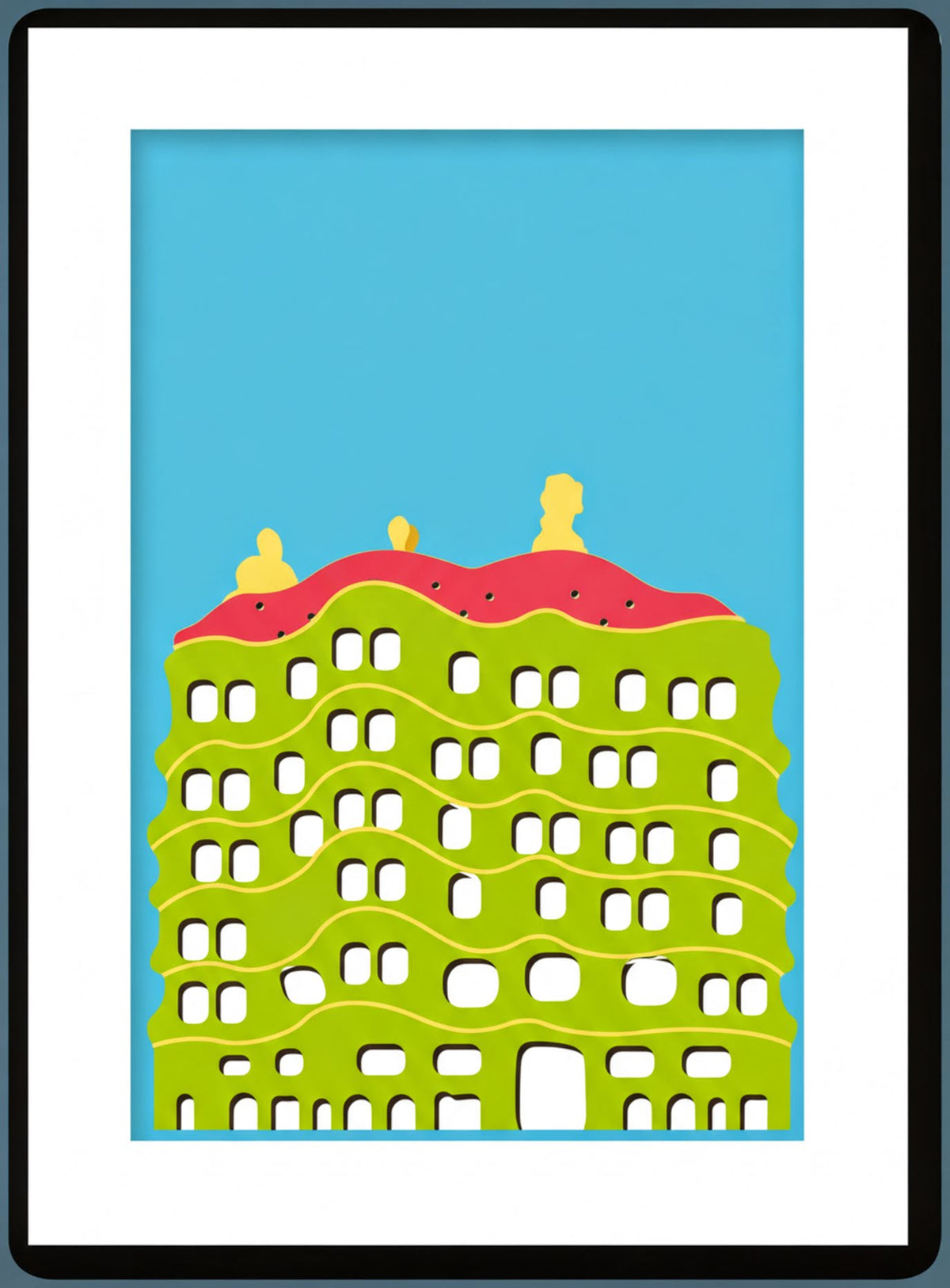 A colorful, abstract illustration of a building with a wavy, organic shape and a red roof, set against a bright blue sky.