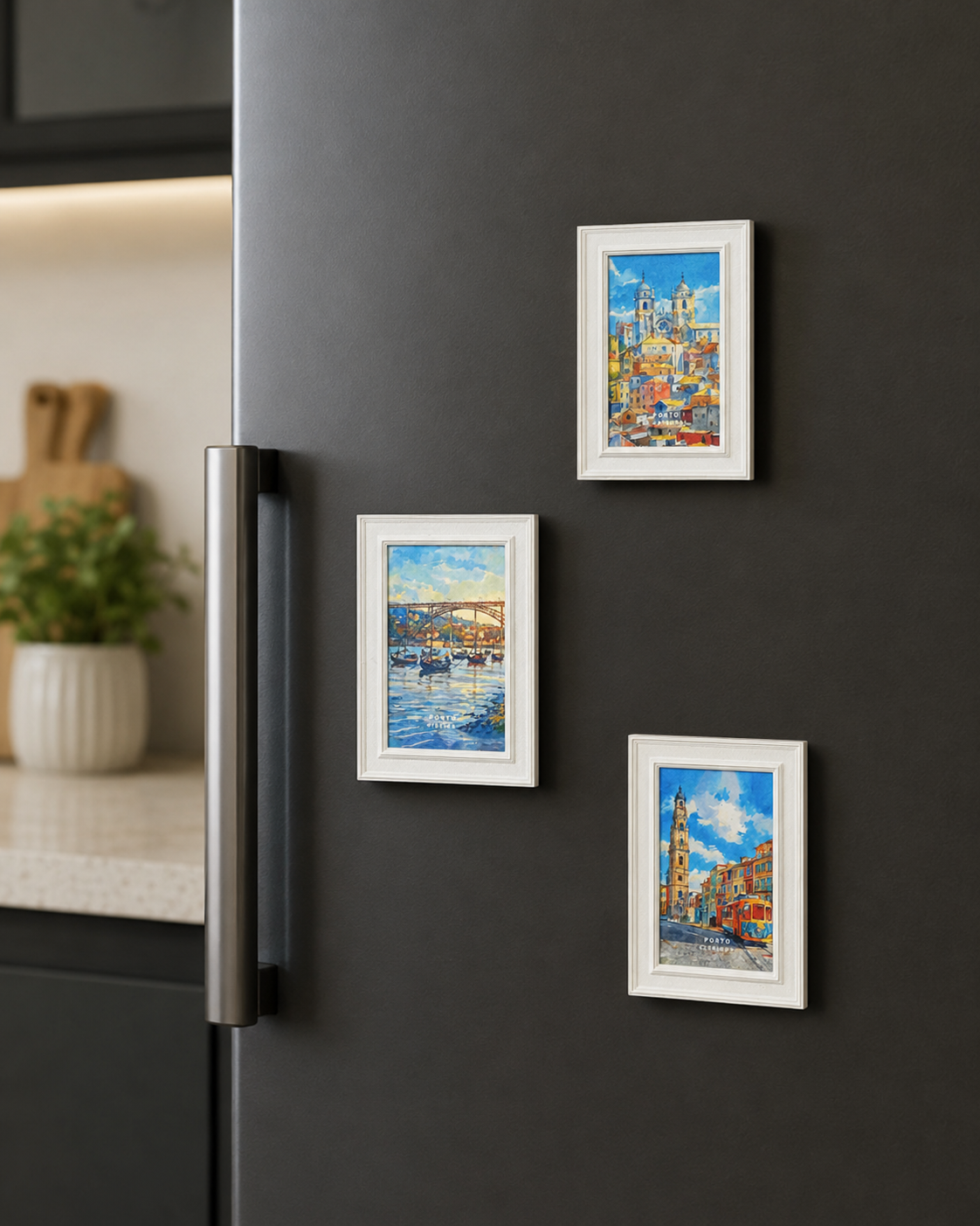 three framed pictures hanging on a black refrigerator door.