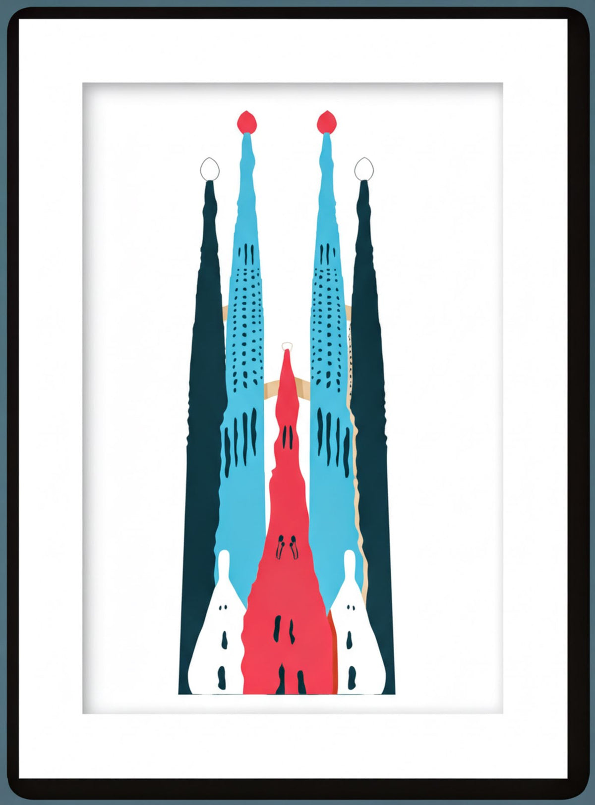 a stylized illustration of a group of three tall buildings, each with a unique color and design, arranged in a symmetrical manner.