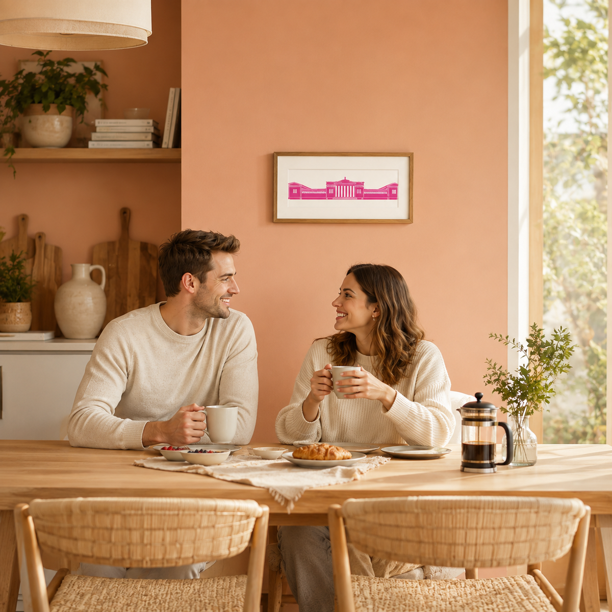 A man and a woman are sitting at a wooden table, smiling and enjoying each other's company in a cozy kitchen setting.
