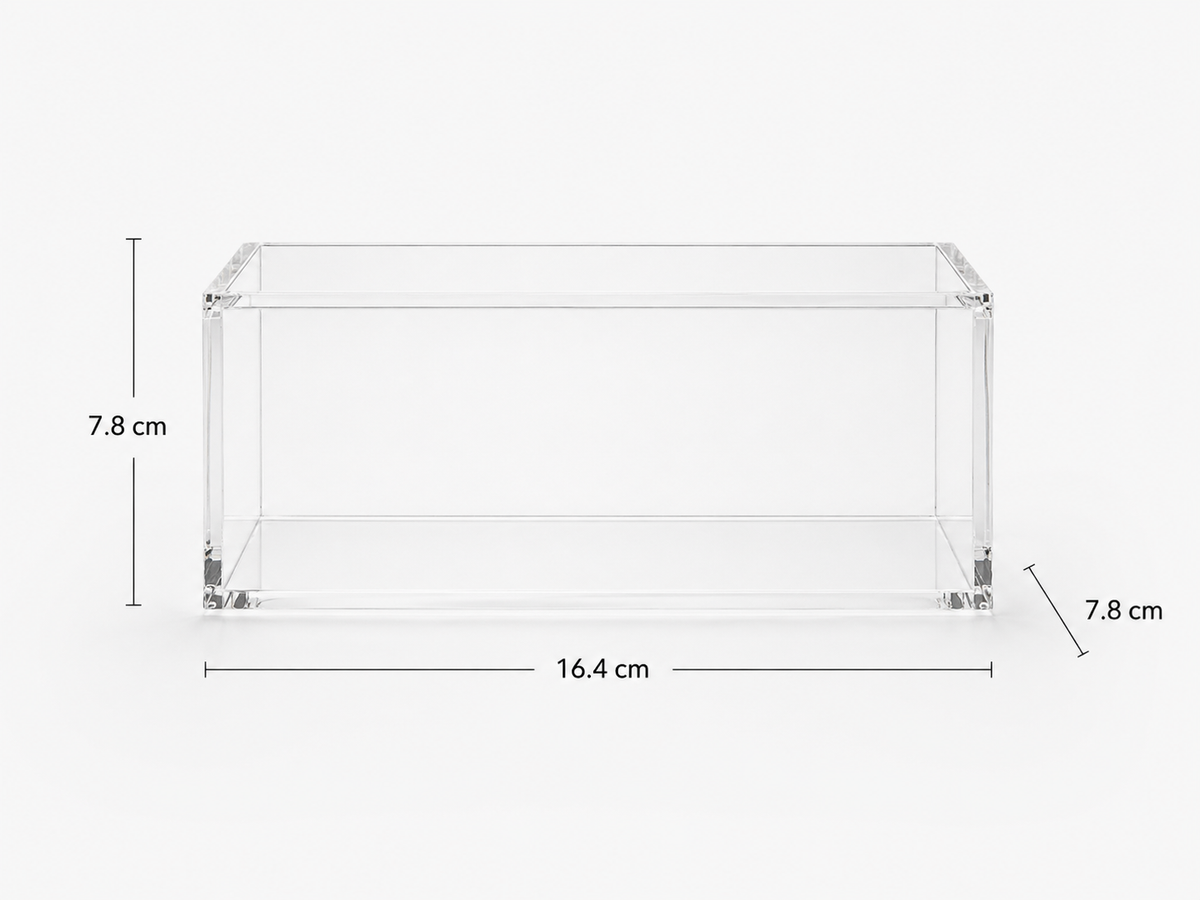 a clear rectangular box with dimensions of 7.8 cm in length, 16.4 cm in width, and 7.8 cm in height.