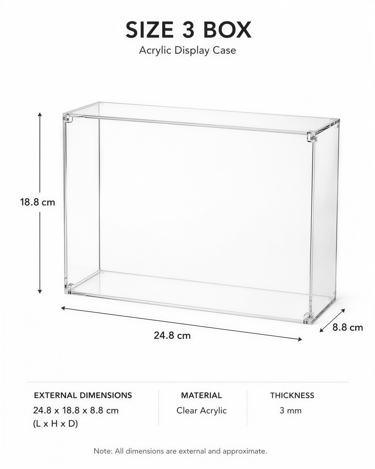 The image is an acrylic display case with dimensions of 24.8 cm by 8.8 cm by 3 mm.