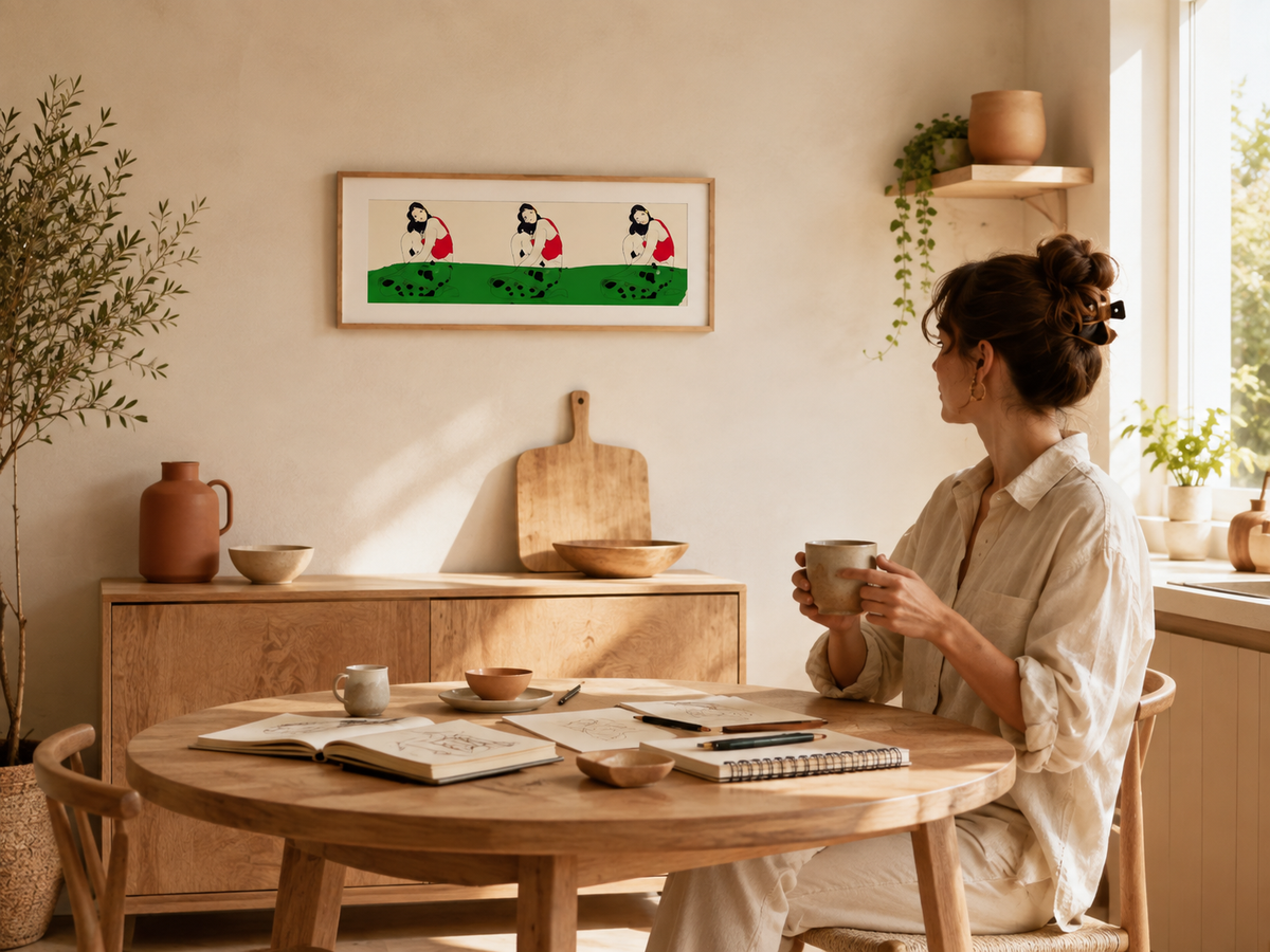 A woman is sitting at a wooden table, holding a mug and looking out a window. The table has various items on it, including a book, a bowl, and a vase. The room has a minimalist and cozy atmosphere, with a painting on the wall and potted plants adding to the decor.