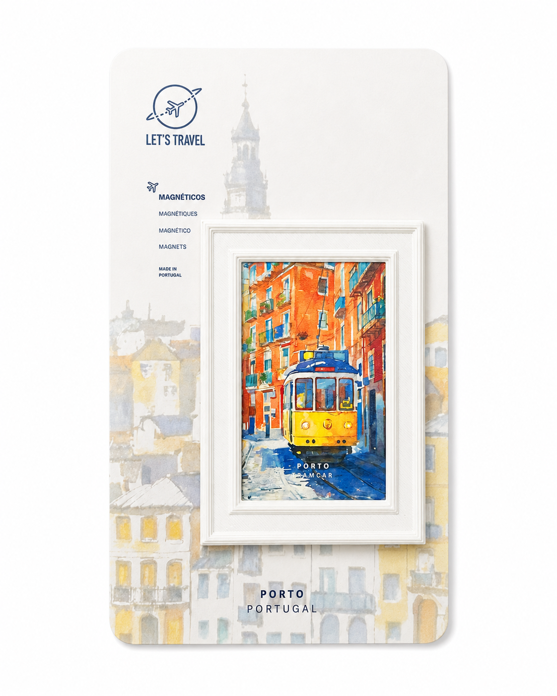 a framed painting of a yellow tram in a colorful street scene in Lisbon, Portugal.