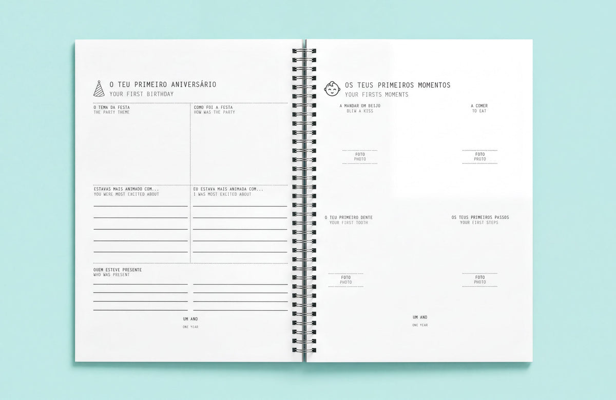 The image is a spiral-bound notebook with a blank page on the left side, and a page with a list of prompts on the right side.