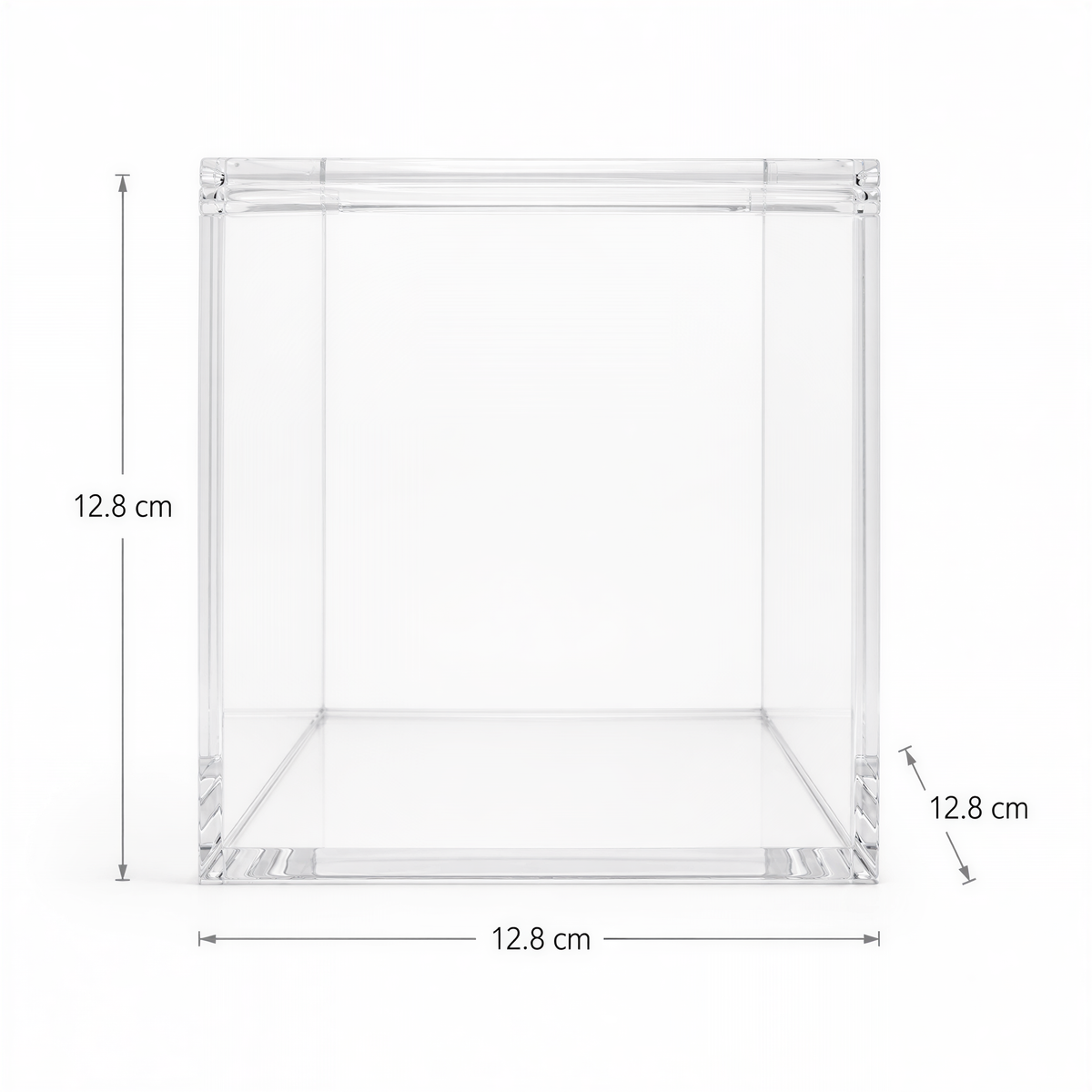 a clear glass box with dimensions of 12.8 cm in height, width, and depth.