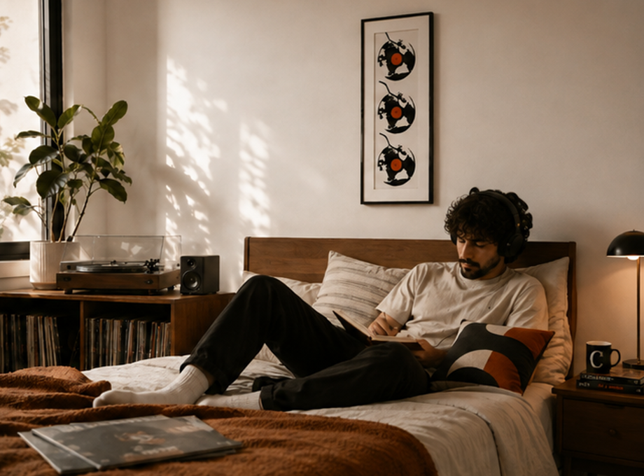 A man is lying on a bed, reading a book and wearing headphones, with a record player and record collection nearby.