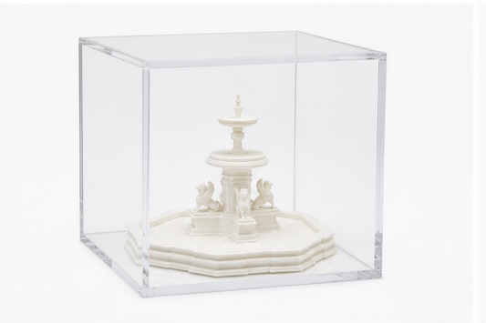 A white ceramic fountain with a small statue of a lion is displayed in a clear glass case.