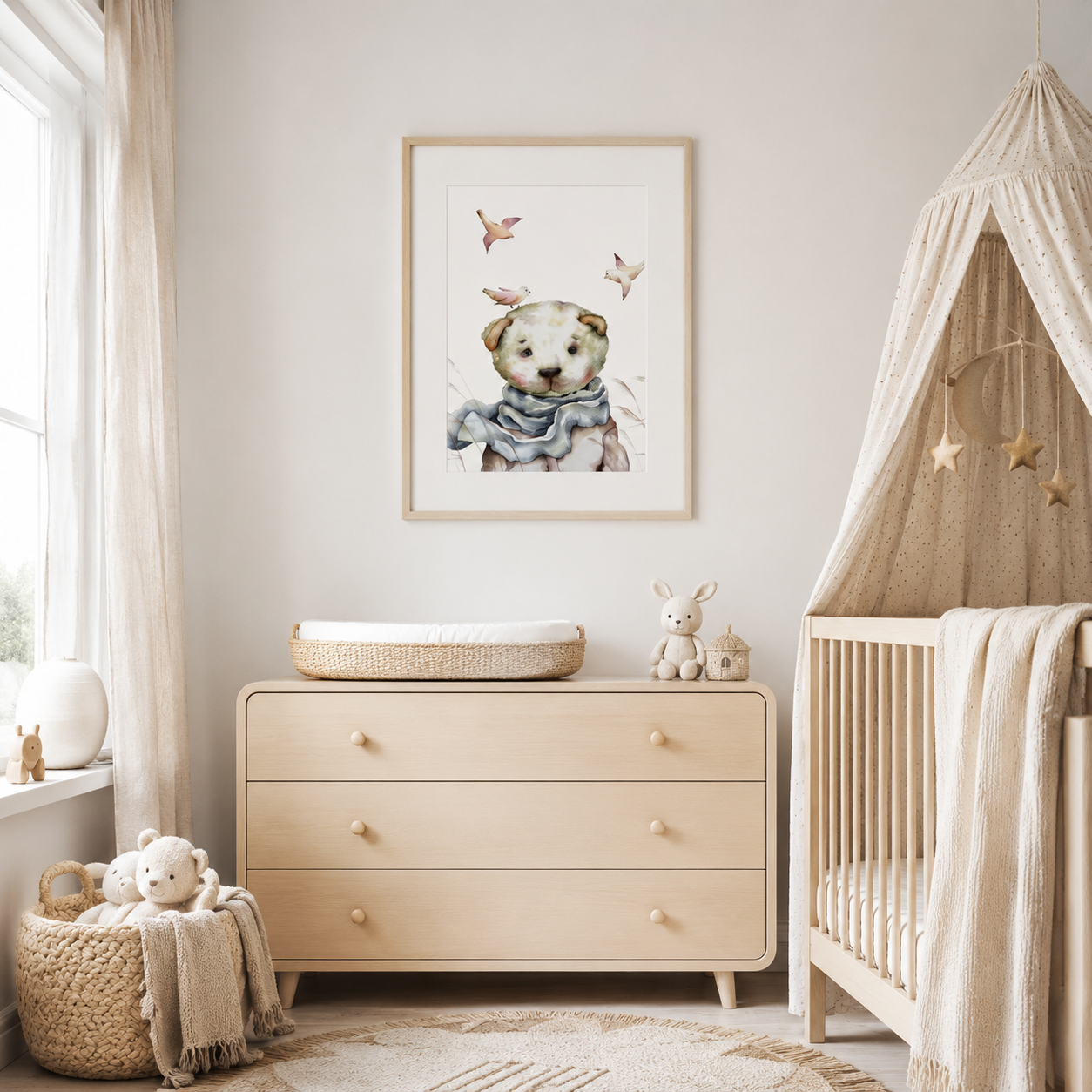 A cozy nursery with a wooden dresser, a baby crib, and a framed picture of a teddy bear with birds on its head.