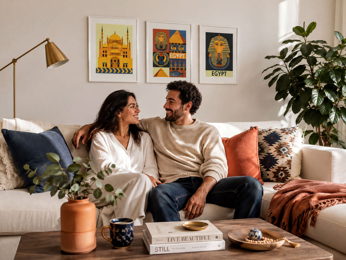 A couple sits together on a couch, smiling and looking at each other, with framed Egyptian-themed artwork on the wall behind them.