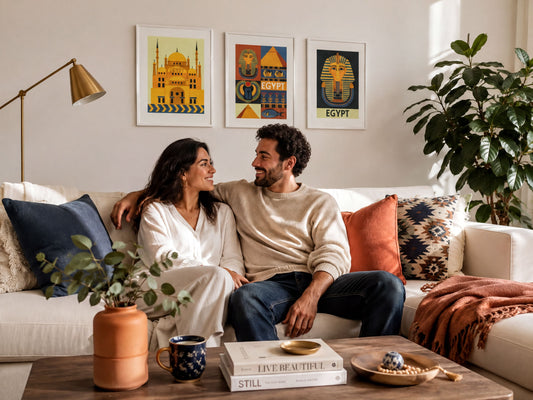 A couple sits together on a couch, smiling and looking at each other, with framed Egyptian-themed artwork on the wall behind them.