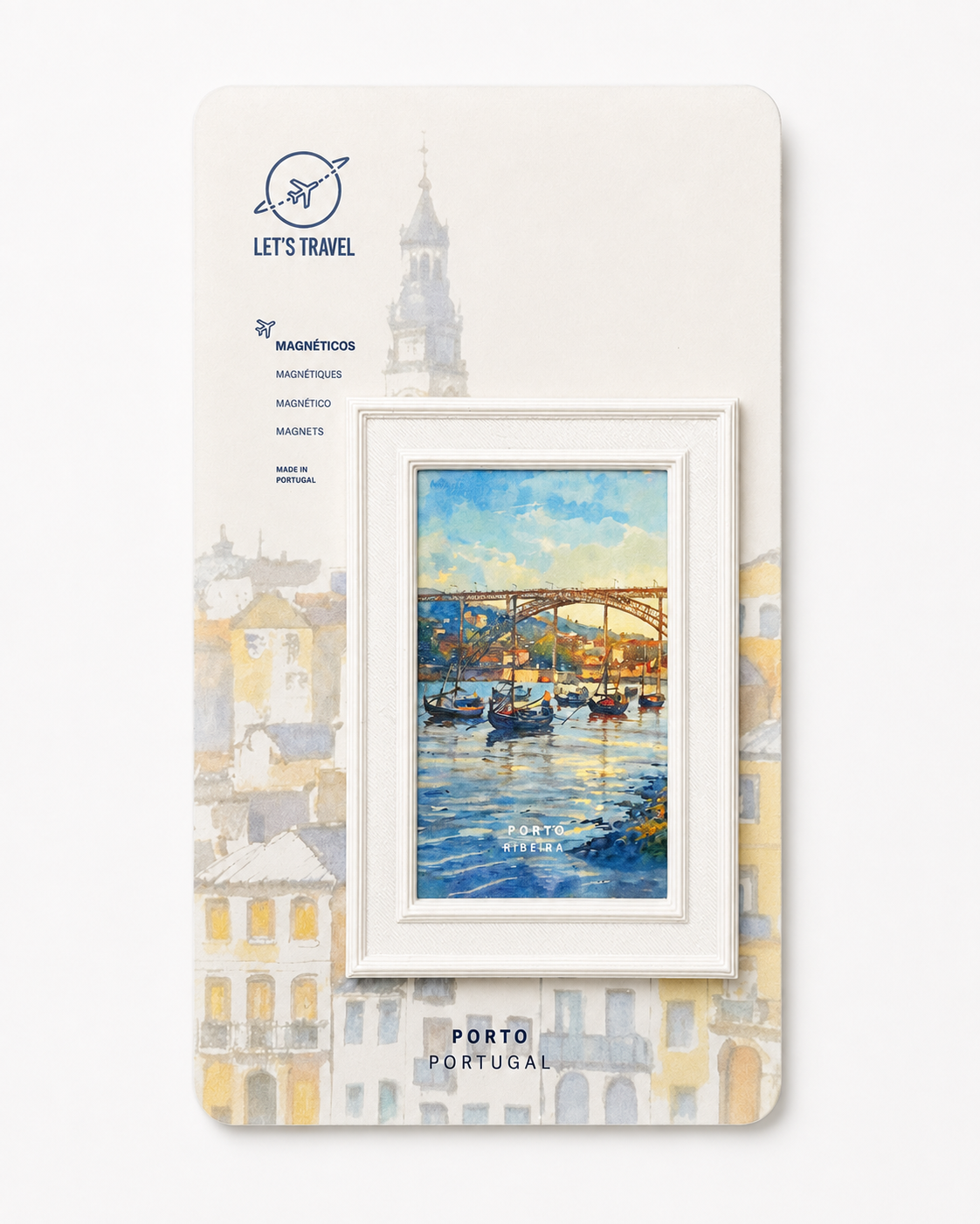 The image is a framed picture of a scenic view of a river with boats, set against a backdrop of colorful buildings. The text on the image includes "Let's travel" and "Porto Portugal", suggesting the image is promoting a travel destination.