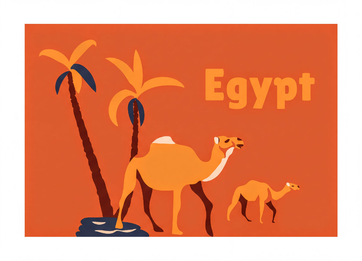 two camels, one larger and one smaller, standing next to palm trees against an orange background with the word "Egypt" written in large letters.