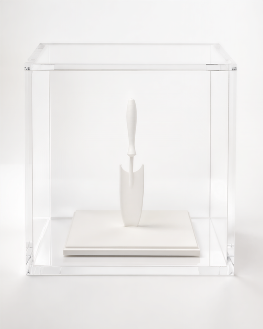 A white plastic shovel is displayed inside a clear glass case against a white background.