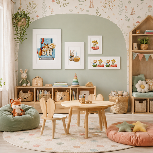 A cozy and charming children's playroom with a round wooden table, plush bean bag chairs, and various toys and decorations. The walls are adorned with framed animal illustrations, and the room is decorated with a floral wallpaper pattern.