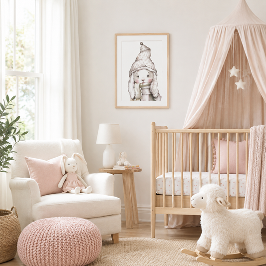 A cozy and charming nursery room with a wooden crib, a plush lamb toy, a framed picture of a rabbit, and a pink ottoman.