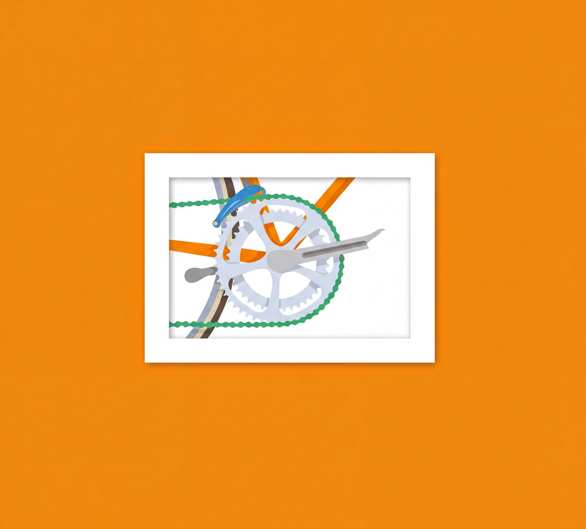 The image is a framed illustration of a bicycle's gear system, featuring a white gear with a green chain and a blue handlebar.