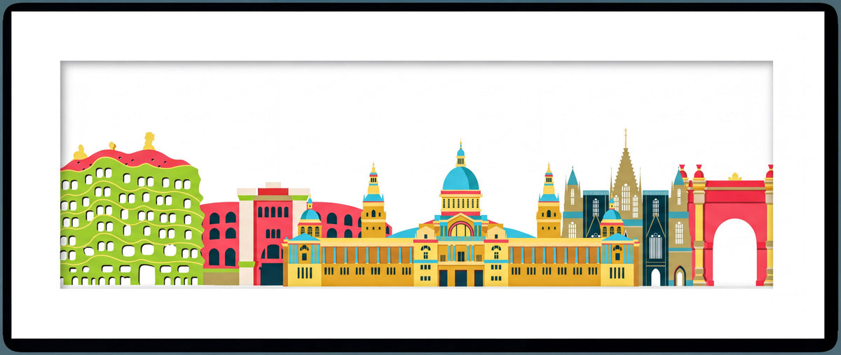 A colorful illustration of a city skyline, featuring various architectural styles and structures.