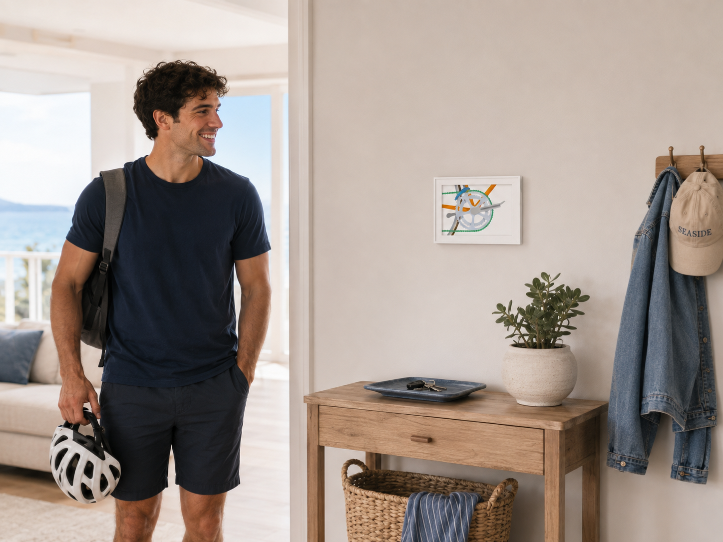 A man in a blue shirt stands in a room with a wooden table, a plant, and a framed picture on the wall.