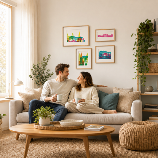A man and a woman are sitting on a couch in a cozy living room, smiling and holding coffee cups. The room has a neutral color scheme, with a wooden coffee table in the foreground and a window with white curtains. There are also some plants and artwork on the walls, creating a warm and inviting atmosphere.