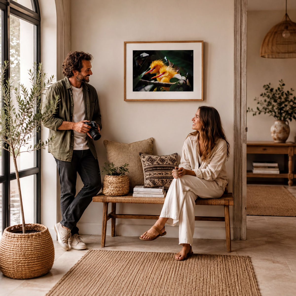 A man and a woman are sitting on a bench in a room with a framed picture of a bird on the wall. The man is holding a camera and the woman is smiling.