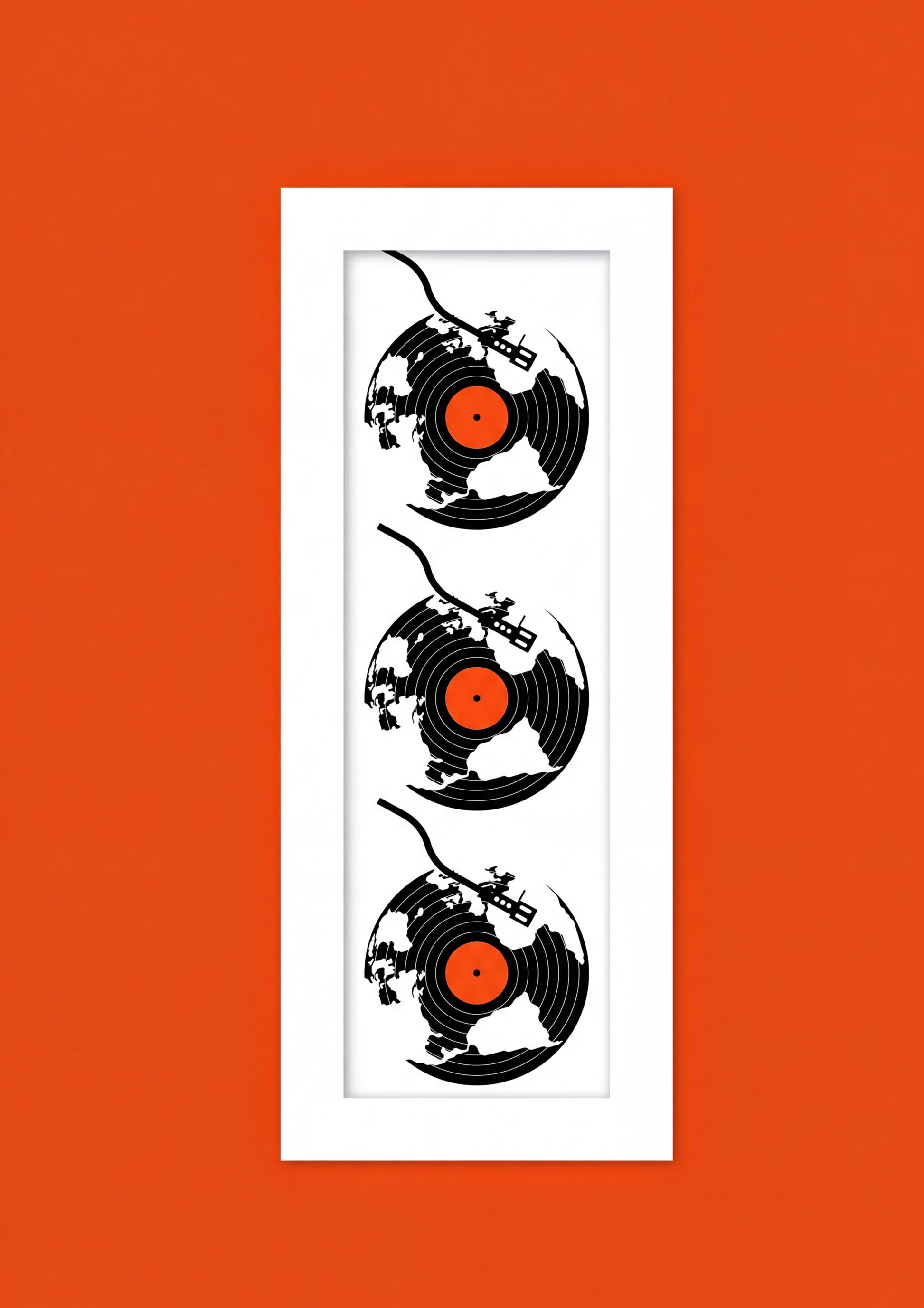 three black vinyl records with orange circles on them, arranged in a vertical line against a bright orange background.