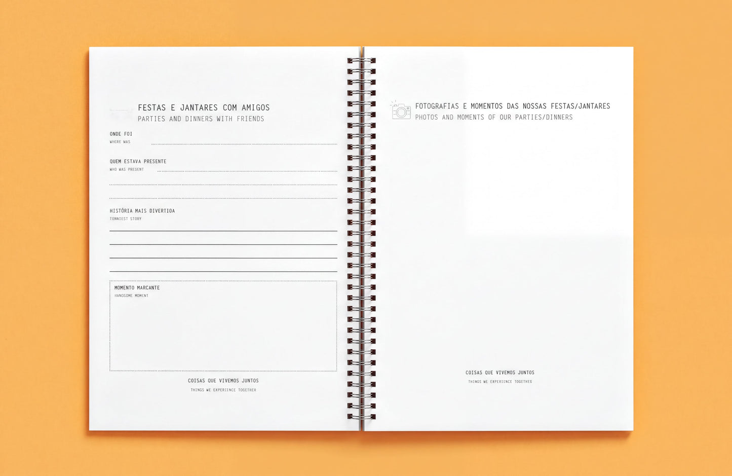 The image is a spiral-bound notebook with a blank page on the left side, and a section titled "FESTAS E ANTARES COM AMIGOS PARTIES AND DINNERS WITH FRIENDS" on the right side.