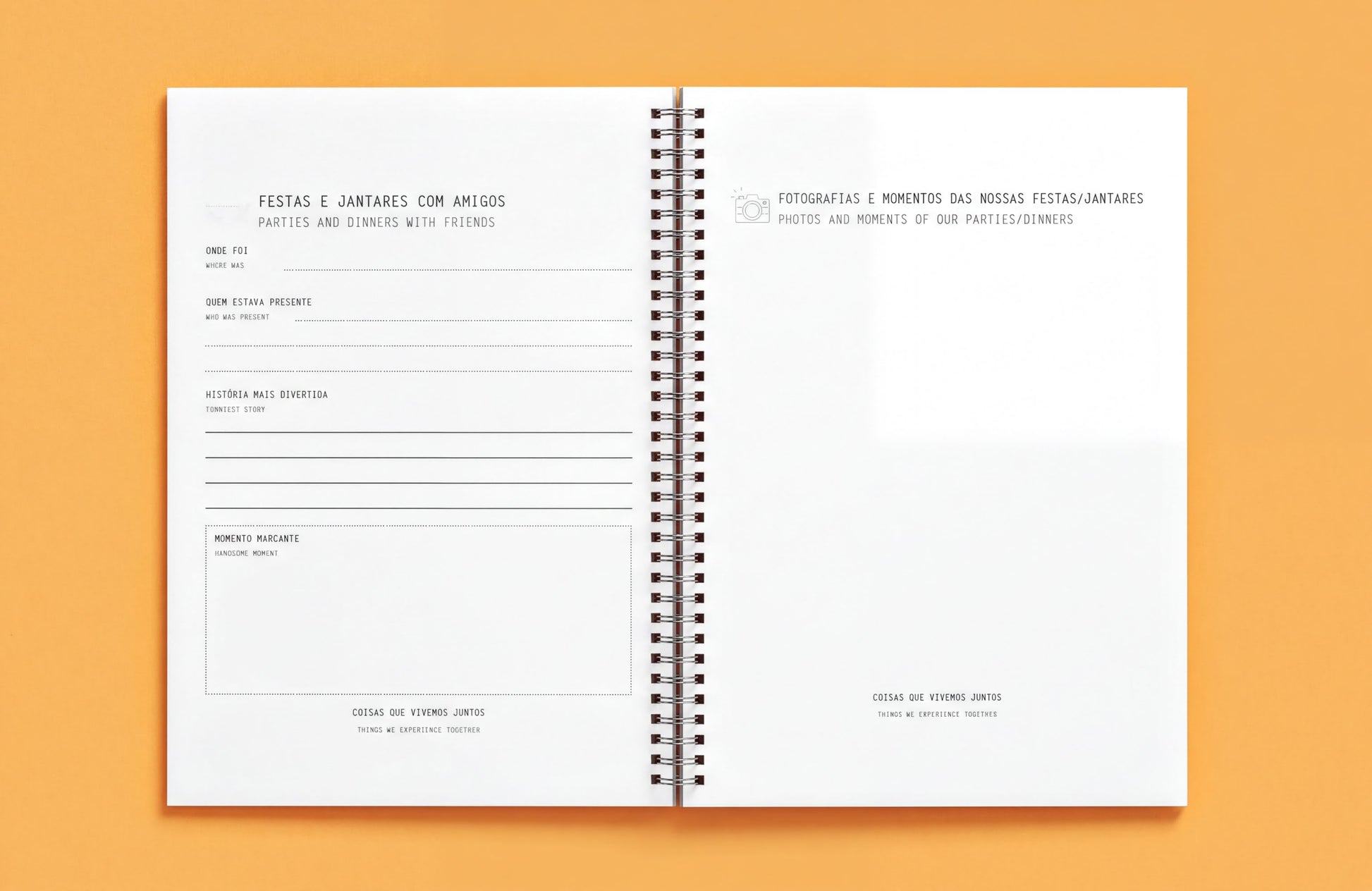 The image is a spiral-bound notebook with a blank page on the left side, and a section titled "FESTAS E ANTARES COM AMIGOS PARTIES AND DINNERS WITH FRIENDS" on the right side.