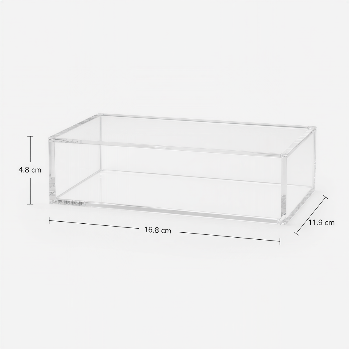 A clear rectangular box with measurements provided.