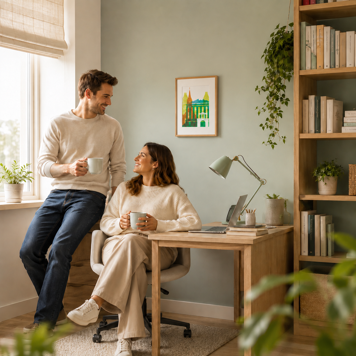 A man and a woman are sitting in a cozy home office, engaged in conversation. The man is leaning against a bookshelf, while the woman is seated at a desk with a laptop and a coffee mug. The room is decorated with plants and bookshelves, creating a comfortable and inviting atmosphere.