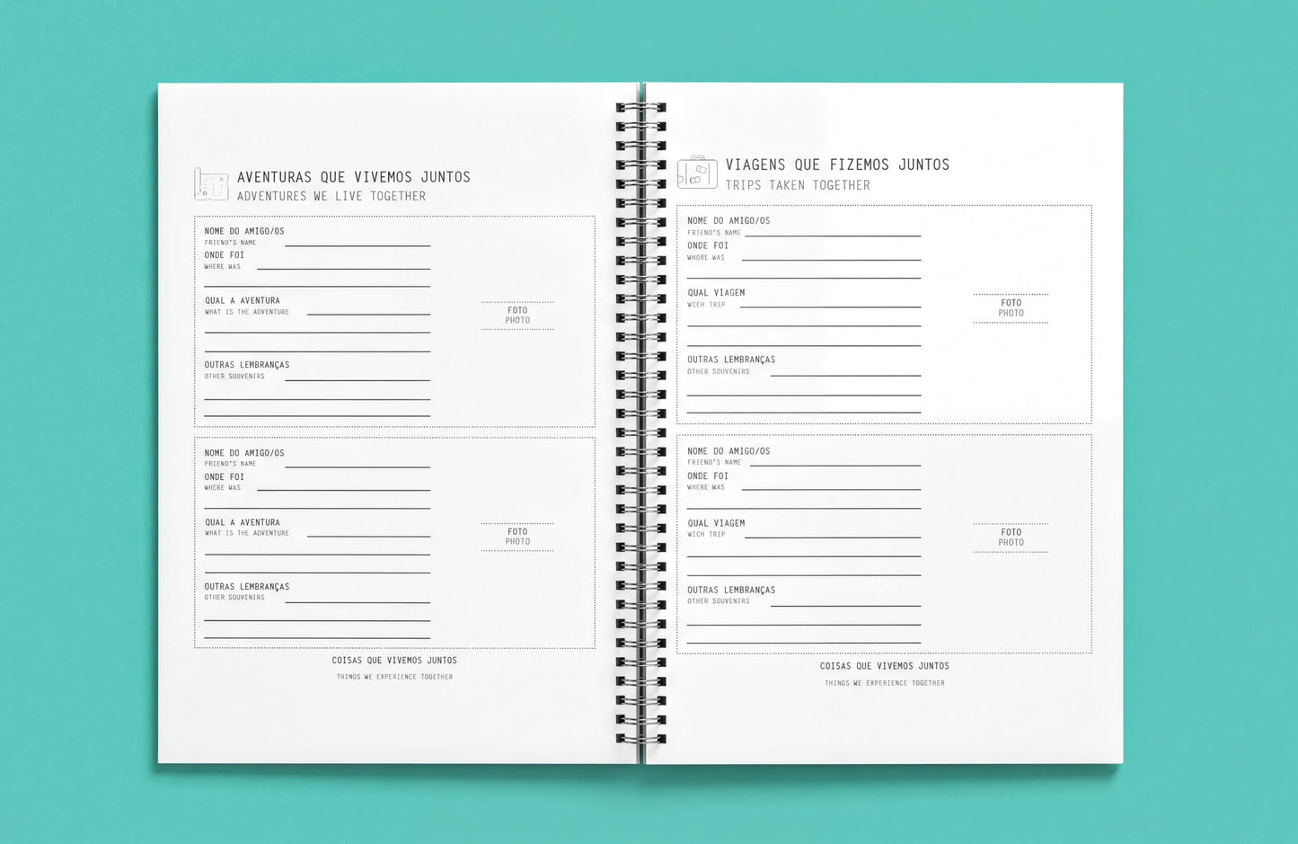 The image is a spiral-bound notebook with a blank page, featuring a list of names and information for a group of people.