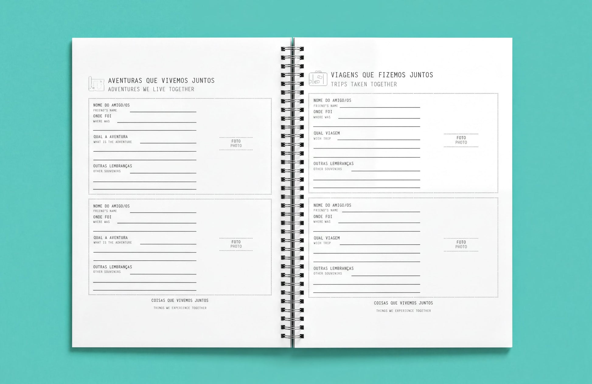 The image is a spiral-bound notebook with a blank page, featuring a list of names and information for a group of people.