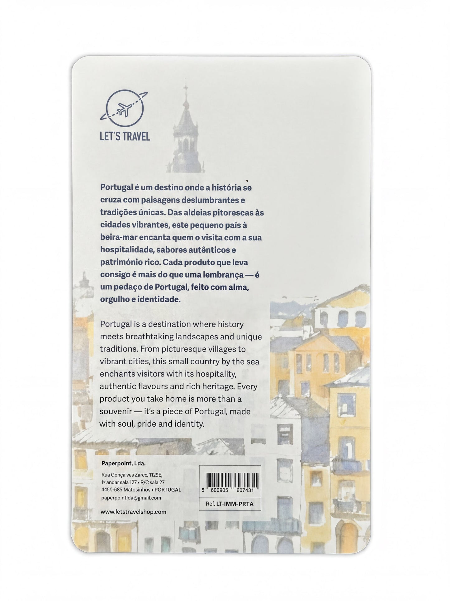 The image is a page from a travel brochure featuring a photograph of a historic building in Portugal.