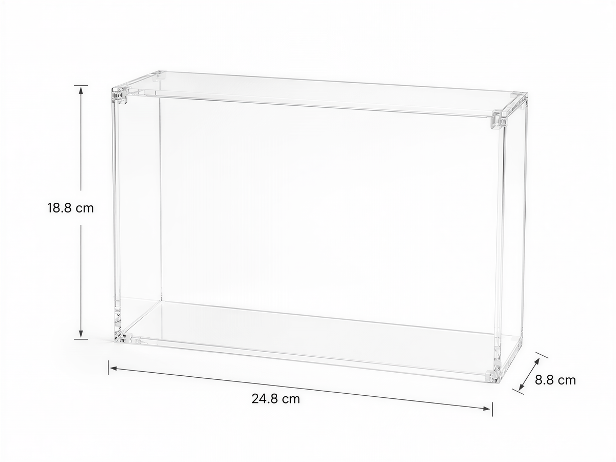 a clear plastic container with dimensions of 18.8 cm in length, 24.8 cm in width, and 8.8 cm in height.