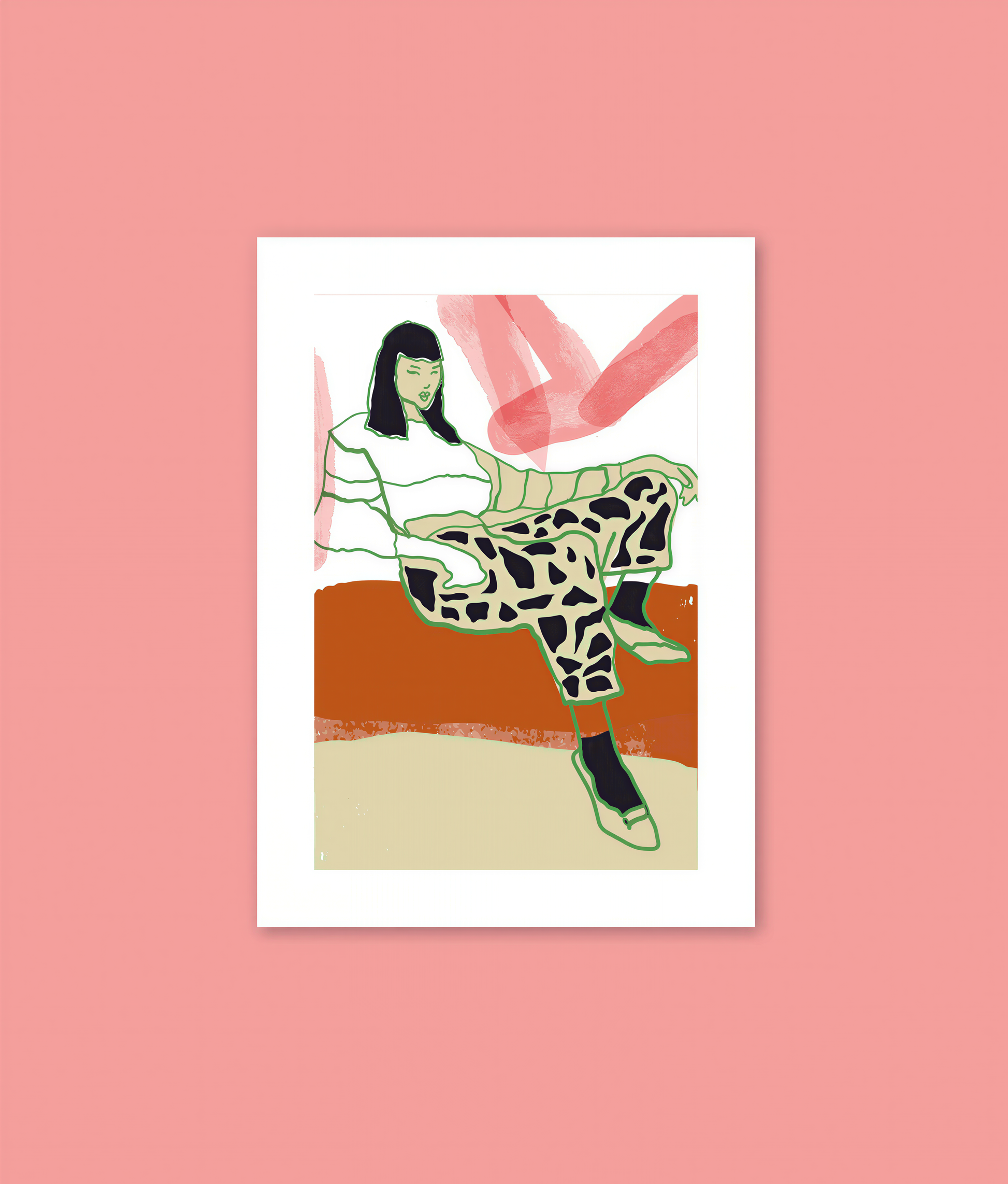 The image is a framed illustration of a woman sitting on a couch, wearing a white top and patterned pants.