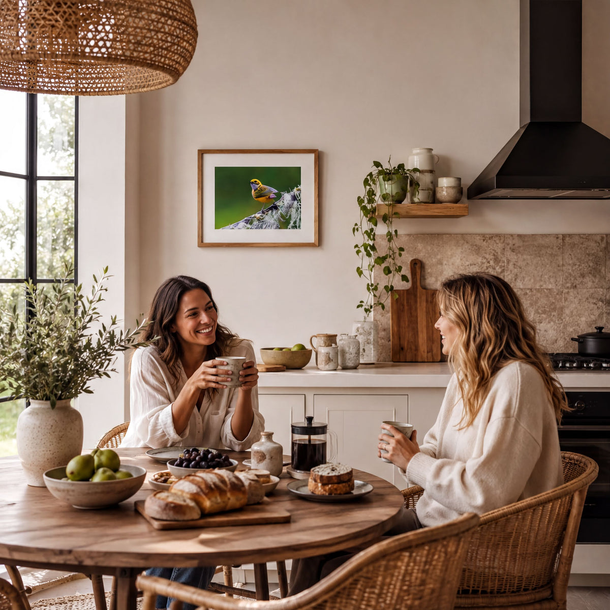 Two women are seated at a wooden table in a cozy kitchen, enjoying coffee and conversation.