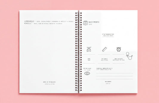 The image is a spiral notebook with a blank page on the left side and a page with various icons and text on the right side. The notebook appears to be empty, with no visible text or images.