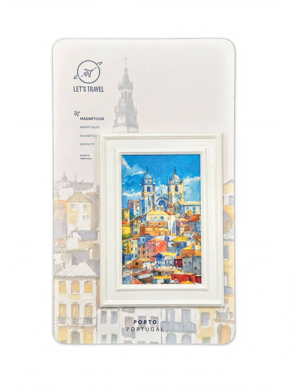 a framed picture of a colorful cityscape, with a white border and a blue and yellow background. The text "Let's Travel" is visible, along with the word "PORTO" and "PORTUGAL" below the frame.
