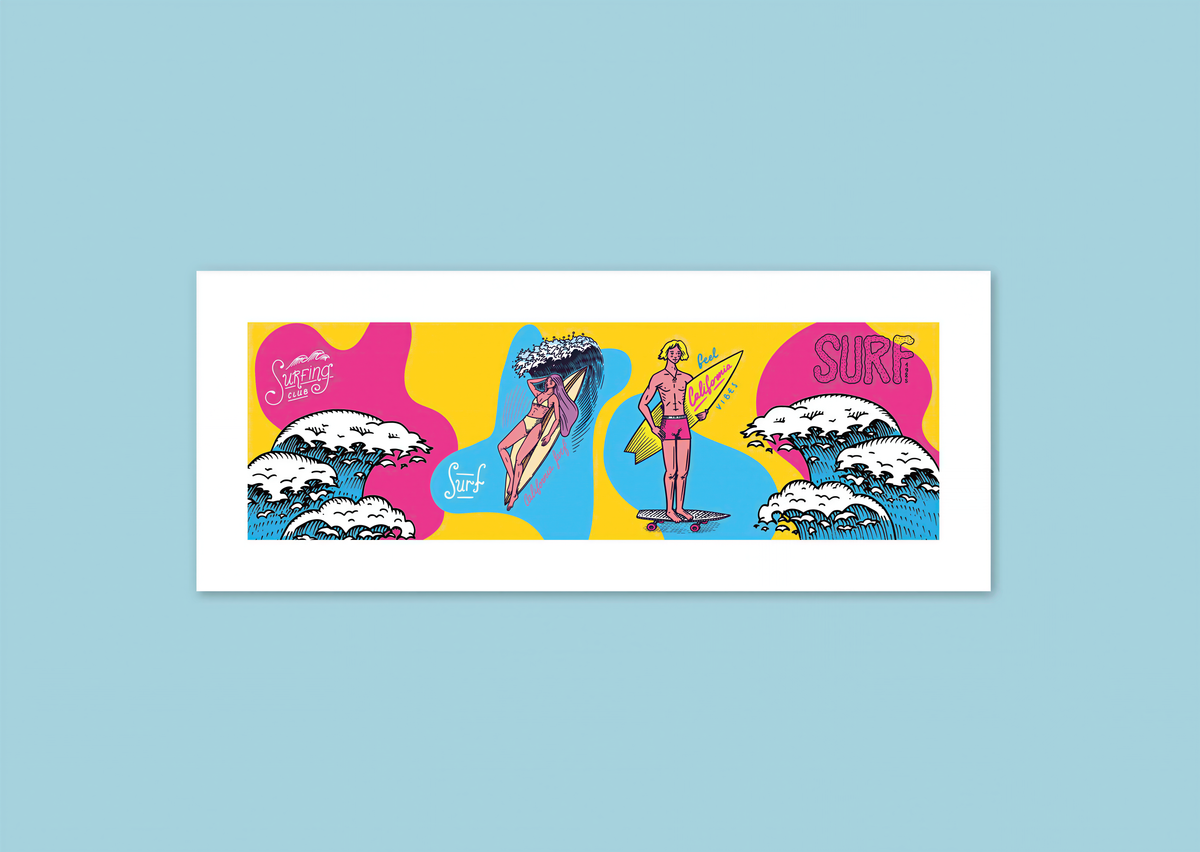 The image is a vibrant and colorful illustration featuring a surfer and a woman, with the word "Surf" prominently displayed.