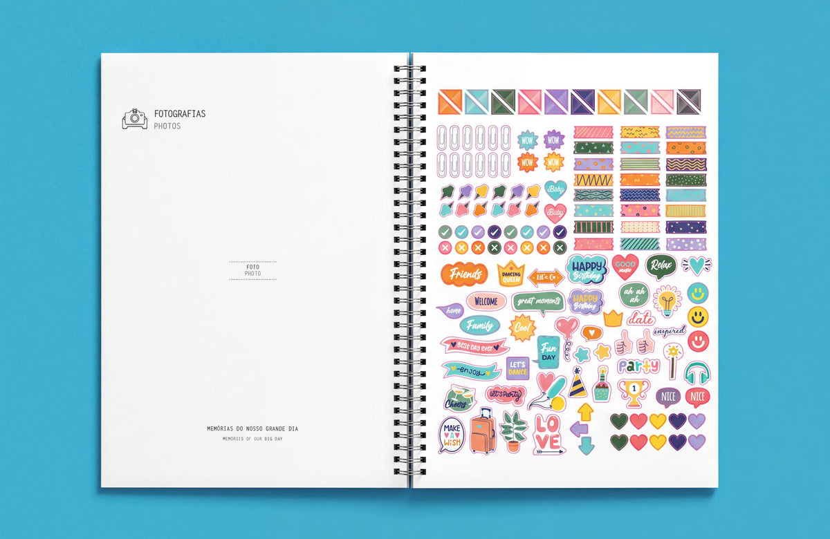 The image is a spiral-bound notebook with a variety of colorful stickers and illustrations on the right page, and a blank page on the left side.