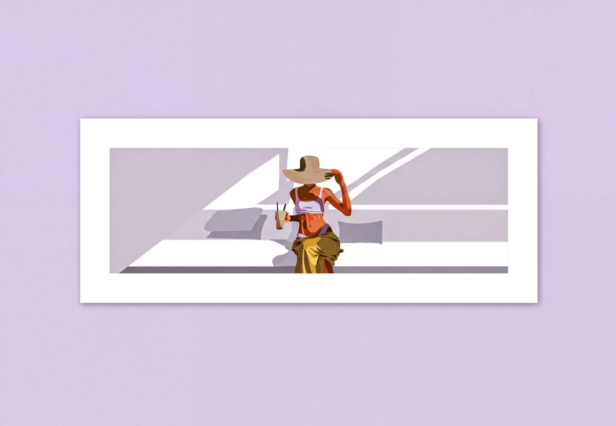 A woman wearing a hat and holding a drink stands in front of a geometric background.